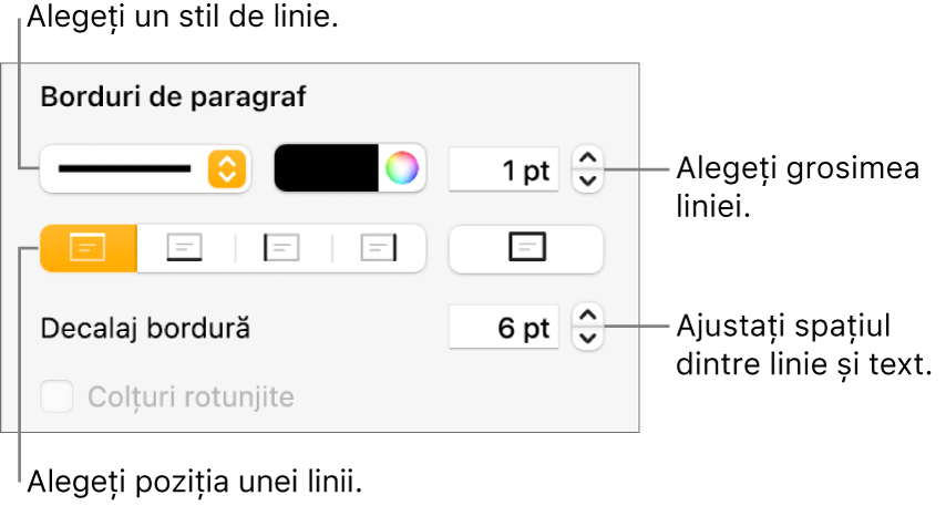 Comenzile pentru schimbarea stilului, grosimii, poziției și culorii liniei.