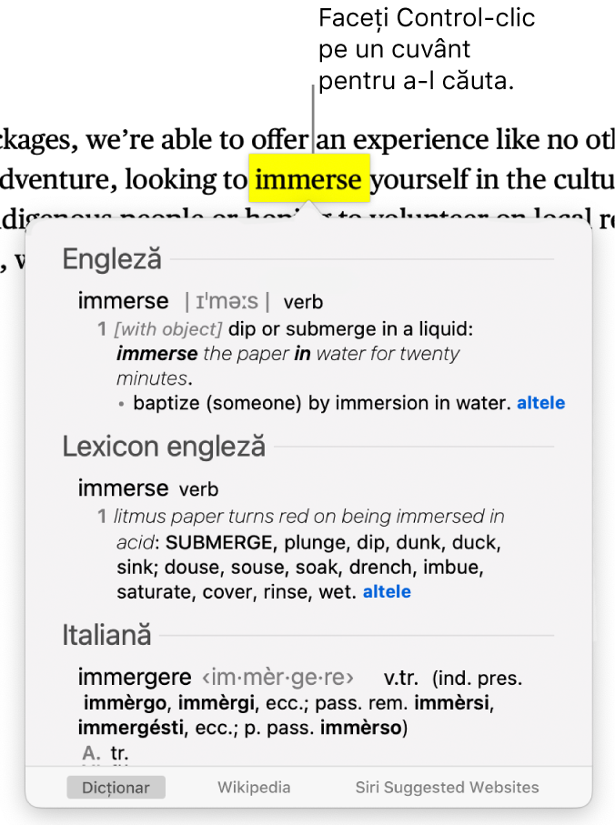 Un paragraf cu un cuvânt evidențiat și o fereastră care afișează definiția acestuia și informații de lexicon. Butoanele din partea de jos a ferestrei oferă linkuri către dicționar, Wikipedia și site-uri web sugerate de Siri.
