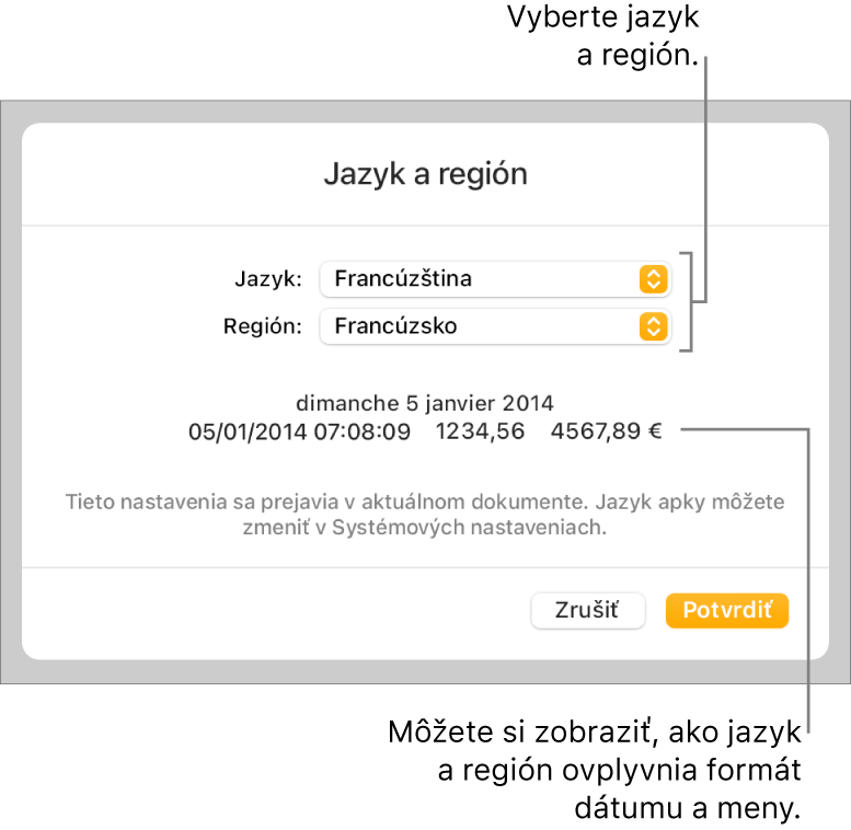 Panel Jazyk a región s ovládacími prvkami pre jazyk a región a príklad formátu dátumu, času, desatinného znaku a meny.