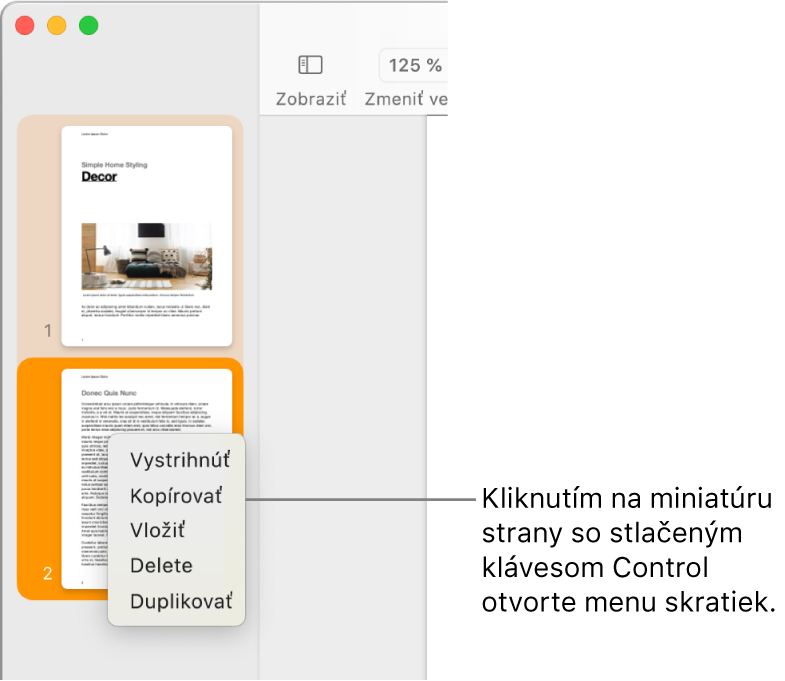 Zobrazenie Miniatúry strán s jednou označenou miniatúrou a otvoreným menu skratiek.