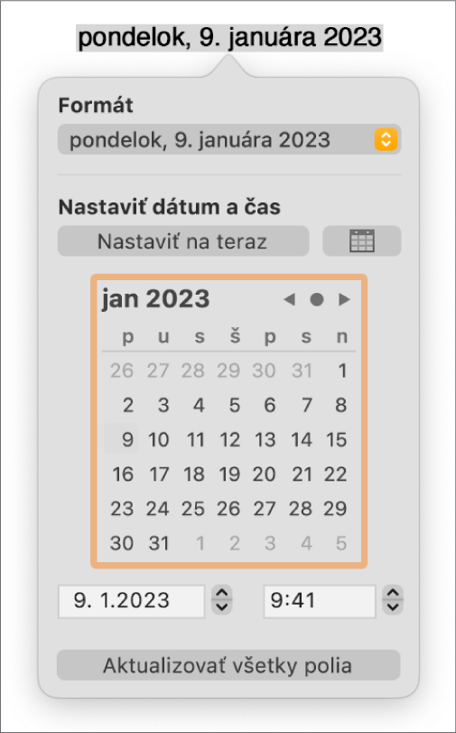 Ovládacie prvky dátumu a času, ktoré zobrazujú vyskakovacie menu Formát a ovládače Nastaviť dátum a čas.