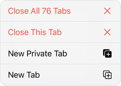 An action sheet from the Safari app on iPhone. There are four choices—Close All 60 Tabs, Close This Tab, New Private Tab, and New Tab—and a Cancel button.