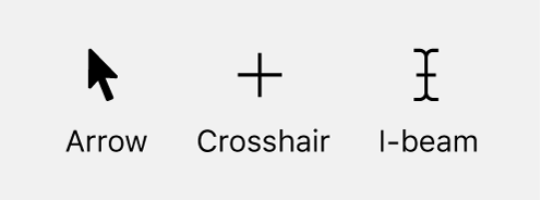 Example of three pointers in macOS: Arrow, crosshair, and I-beam