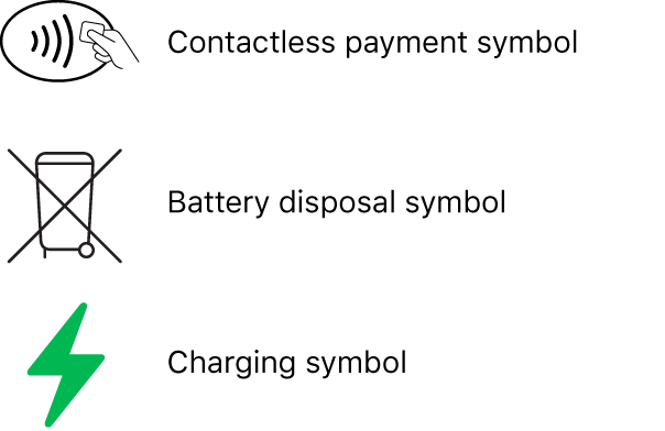 Three examples of symbols: contactless payment, battery disposal, and charging