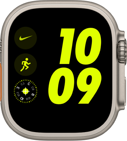 Циферблат Nike (цифровой). Справа крупными цифрами показано время. Слева расположены: расширение приложения Nike — вверху, расширение &laquo;Тренировка&raquo; — посередине, расширение &laquo;Компас&raquo; — внизу.