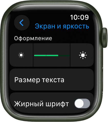 Настройки в разделе &laquo;Экран и яркость&raquo; на Apple Watch. Показан бегунок яркости вверху и кнопка &laquo;Размер текста&raquo; под ним.