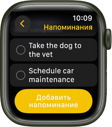 В приложении «Напоминания» показаны два напоминания. Напоминания расположены в верхней части экрана, а ниже показана кнопка «Добавить напоминание».