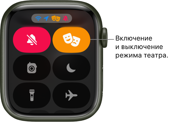Пункт управления. Кнопки режима театра и бесшумного режима подсвечены, чтобы показать, что режим театра включен.
