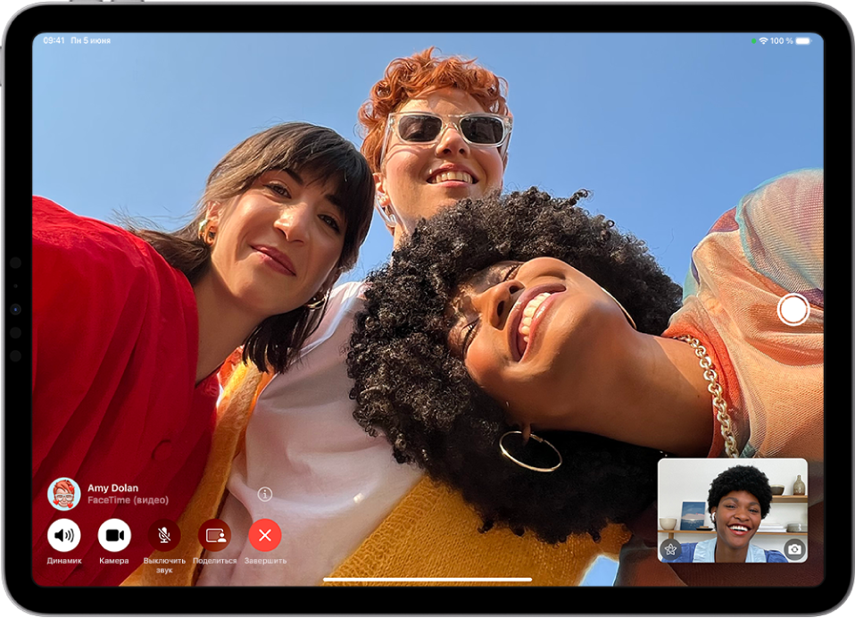 Групповой вызов FaceTime с четырьмя участниками. В левой нижней части экрана находятся элементы управления FaceTime, в том числе кнопки &laquo;Динамик&raquo;, &laquo;Камера&raquo;, &laquo;Выключить звук&raquo;, &laquo;Поделиться&raquo; и &laquo;Завершить&raquo;. Изображение человека, совершающего вызов, отображается в небольшом прямоугольнике в правом нижнем углу.