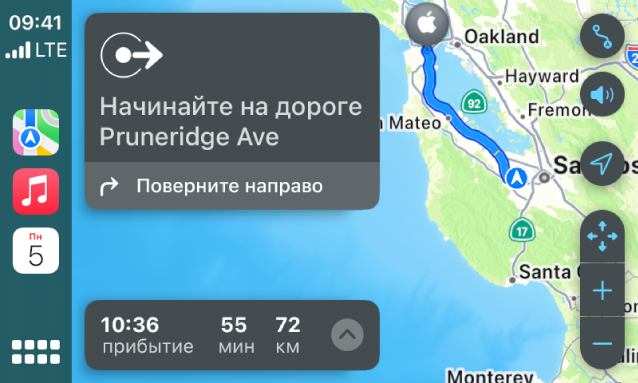 Экран CarPlay. В боковом меню показаны Карты, Музыка и Календарь. Справа показан маршрут от Apple Park до Apple Union Station.