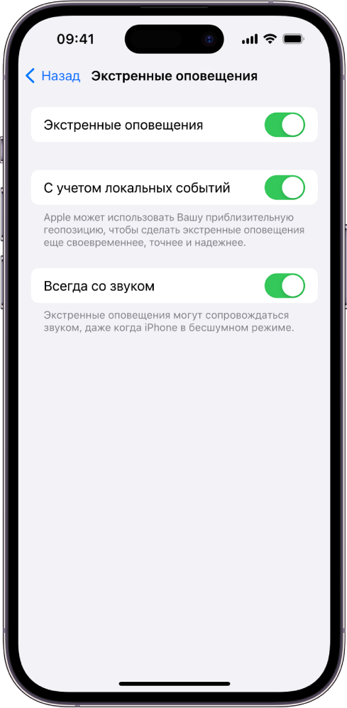 Экран &laquo;Экстренные оповещения&raquo;. Параметры &laquo;Экстренные оповещения&raquo;, &laquo;С учетом локальных событий&raquo; и &laquo;Всегда со звуком&raquo; включены.