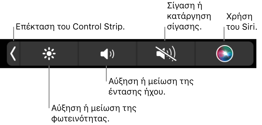 Το συμπτυγμένο Control Strip περιλαμβάνει κουμπιά, από τα αριστερά προς τα δεξιά, για επέκταση του Control Strip, αύξηση ή μείωση της φωτεινότητας οθόνης και της έντασης ήχου, σίγαση και κατάργηση σίγασης, και τη χρήση του Siri.