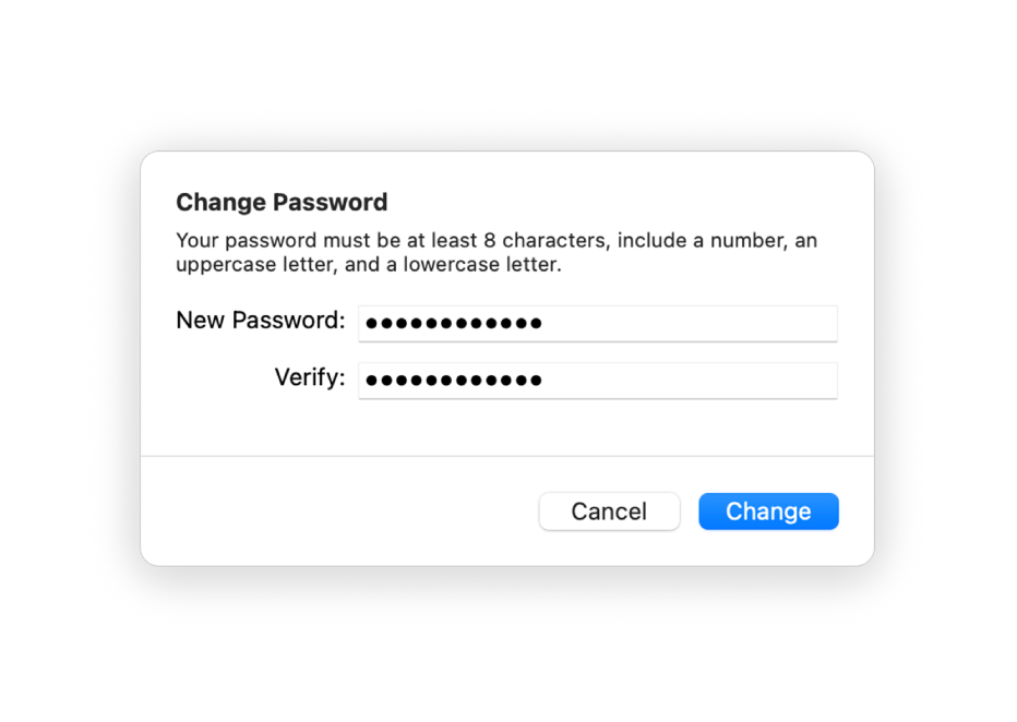 The Change Password dialogue.