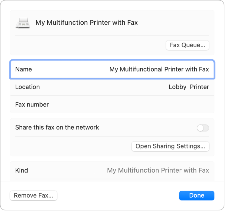 The Fax information options in the Print dialog showing fax options, such as name, location, fax number, and fax sharing.  The Fax Queue button is at the top and the Remove Fax button is at the bottom.