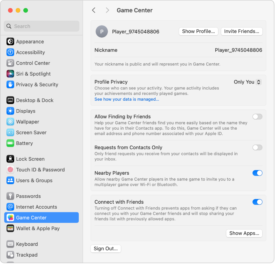 A Game Center account selected in System Settings, with gaming options listed on the right.