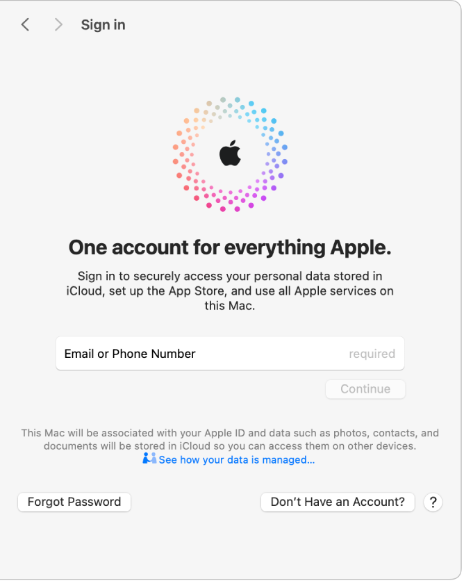 Apple ID sign-in pane with a text field for entering an email or phone number and a Create Apple ID for setting up a new Apple ID.