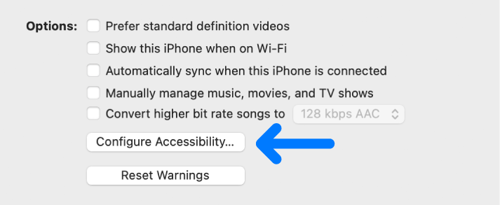 The Configure Accessibility button shown below the checkboxes for syncing options.