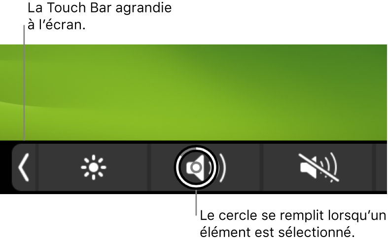 La Touch Bar agrandie en bas de l’écran, le cercle par-dessus un bouton se remplit lorsque le bouton est sélectionné.