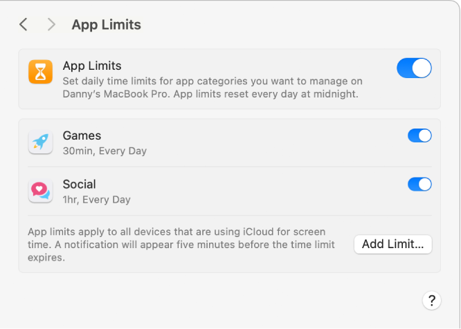 Réglages « Limites d’app » dans « Temps d’écran » avec « Limites d’app » activé. Des horaires sont configurés pour deux catégories d’apps.