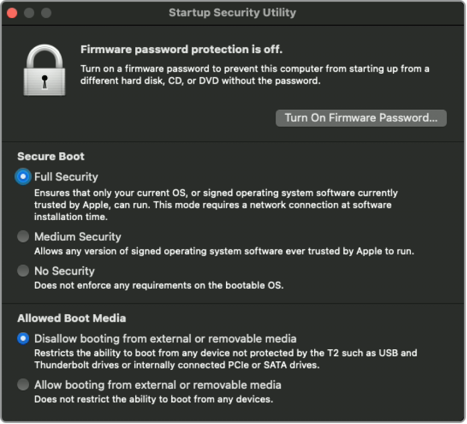 स्टार्टअप सुरक्षा यूटिलिटी विंडो फ़र्मवेयर और बूट विकल्प दिखा रही है।