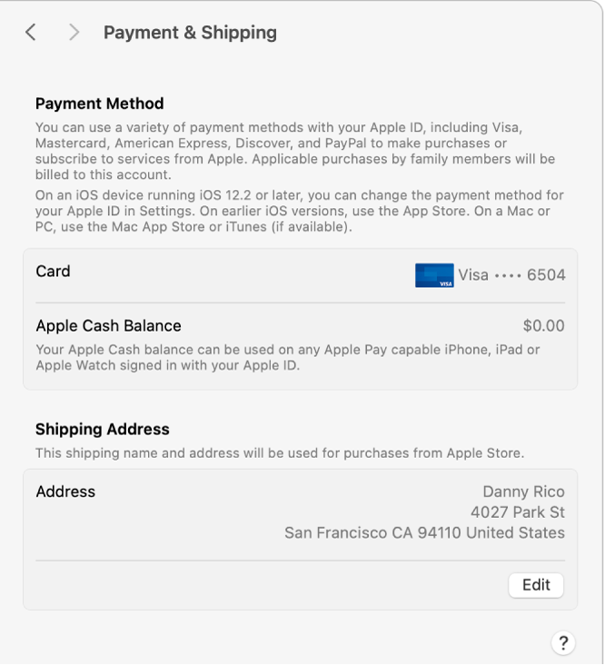 Apple ID सेटिंग्ज़ जो किसी मौजूदा खाते की भुगतान और शिपिंग सेटिंग्ज़ दिखा रही है।