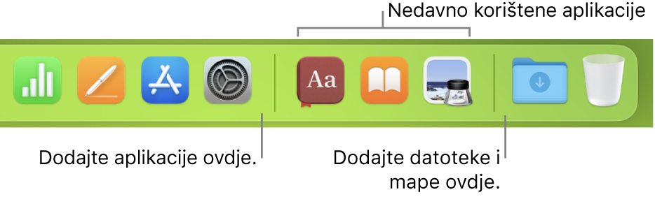 Dio Docka s prikazom linija odvajača između aplikacija, nedavno korištenih aplikacija te datoteka i mapa.