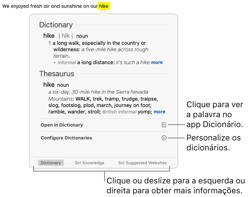 A janela Pesquisa mostrando definições de Dicionário e Tesauro para uma palavra.