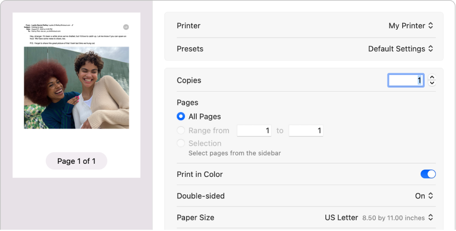A caixa de diálogo “Imprimir” a mostrar o menu pop-up “Tamanho do papel”.