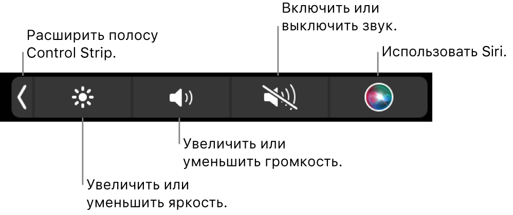 В свернутой полосе Control Strip есть следующие кнопки (слева направо): раскрытие Control Strip, увеличение и уменьшение яркости экрана и громкости, включение и выключение звука, использование Siri.