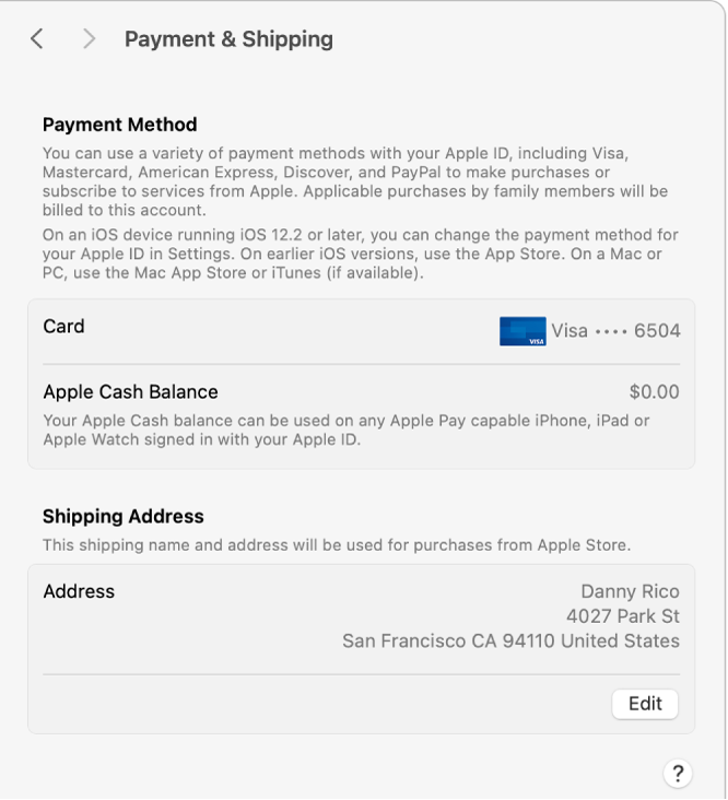 Настройки Apple ID. Показан раздел настроек &laquo;Оплата и доставка&raquo; для существующей учетной записи.
