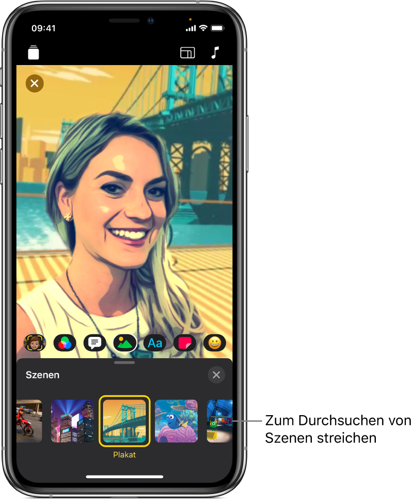 Eine Selfie-Szene in der Übersicht mit unten angezeigten Szenenoptionen