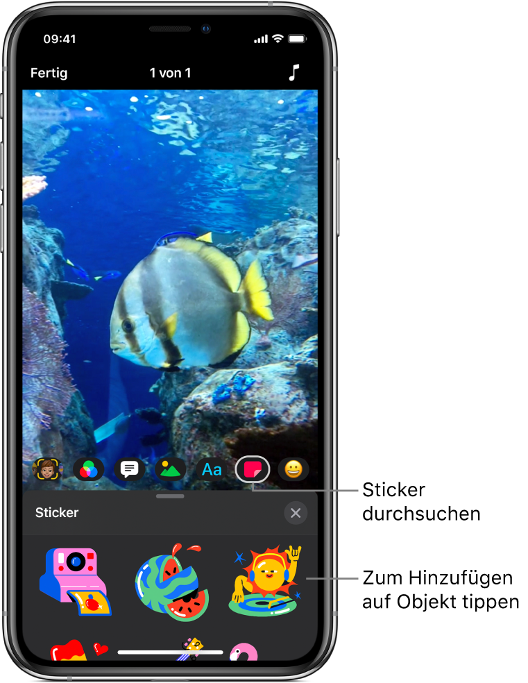 Hinzufügen von Stickern in der App „Clips“ - Apple Support (DE)