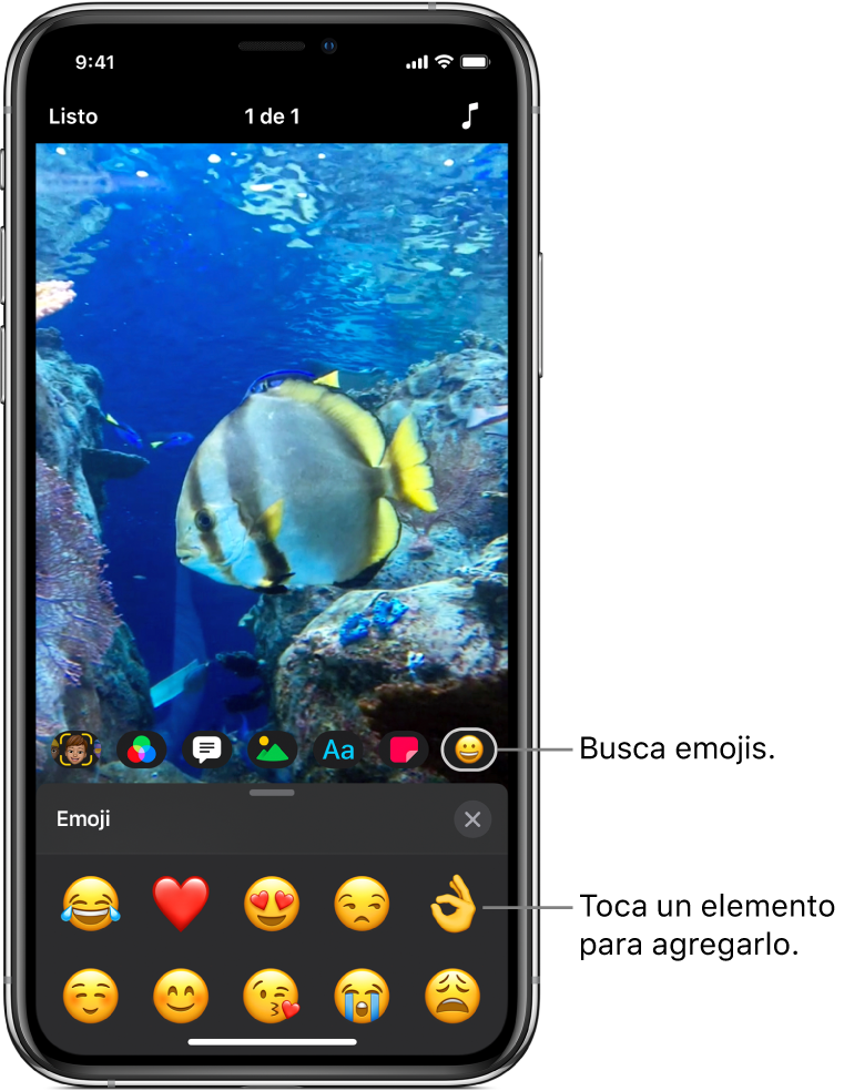 La imagen de un video en el visor, con el botón Emoji seleccionado y opciones de emojis debajo.
