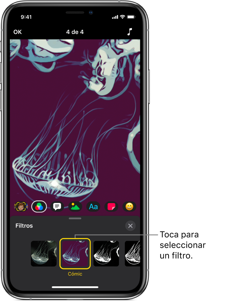El visor mostrando un filtro aplicado al clip y el filtro Cómic seleccionado debajo.