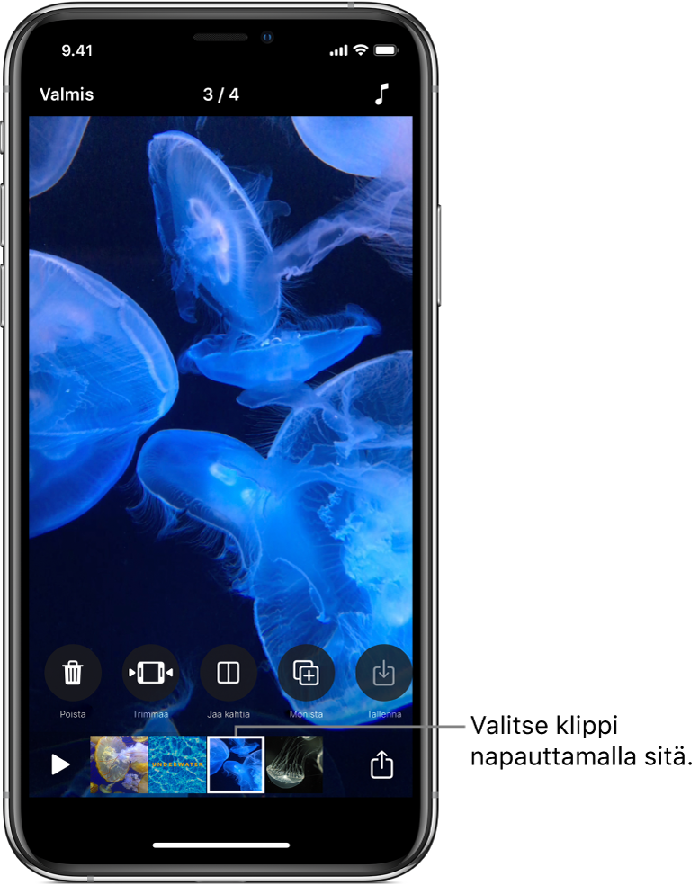 Videolla valittuna oleva klippi ja rivi muokkaustyökaluja klipin yläpuolella.