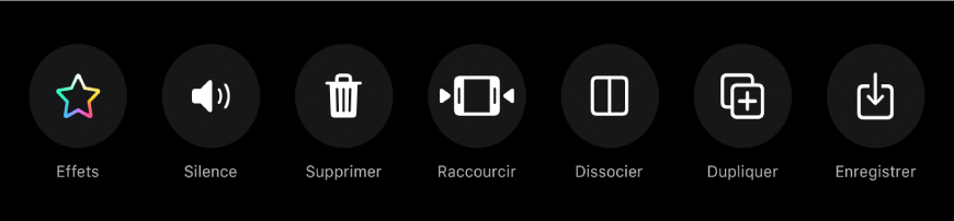 Boutons qui s’affichent en dessous du visualiseur lorsqu’un clip est sélectionné. De gauche à droite se trouvent les boutons Effets, Muet, Supprimer, Raccourcir, Scinder, Dupliquer et Enregistrer le clip.