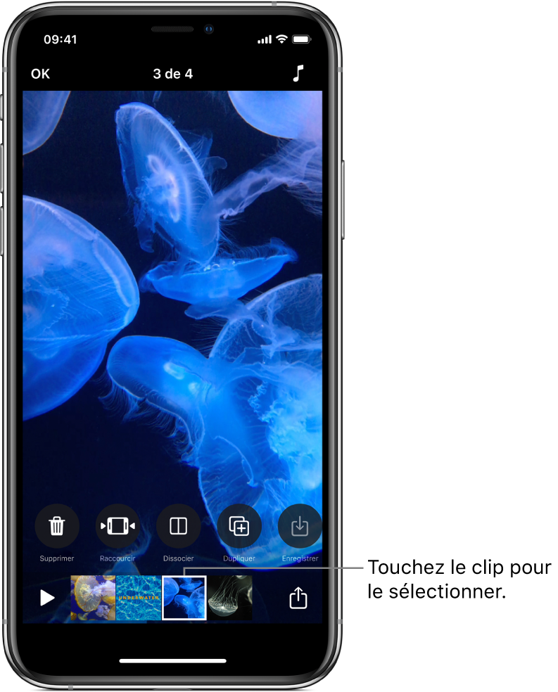 Un clip est sélectionné dans une vidéo, en dessous d’une rangée d’outils d’édition.
