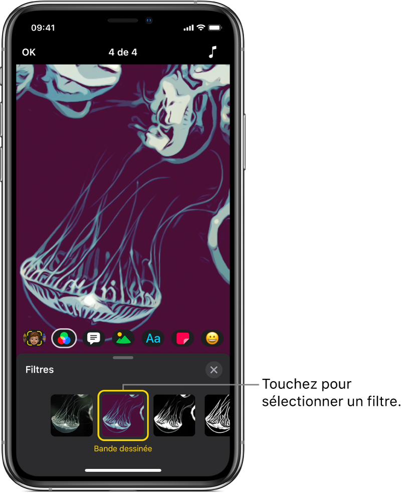 Le visualiseur qui affiche un filtre appliqué au clip, au-dessus du filtre « Bande dessinée » sélectionné.