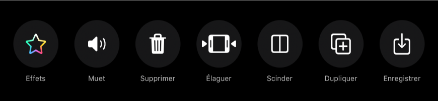 Boutons s’affichant sous le visualiseur lorsqu’un clip est sélectionné. De gauche à droite, les boutons sont Effets, Silence, Supprimer, Élaguer, Scinder, Dupliquer et « Enregistrer le clip ».