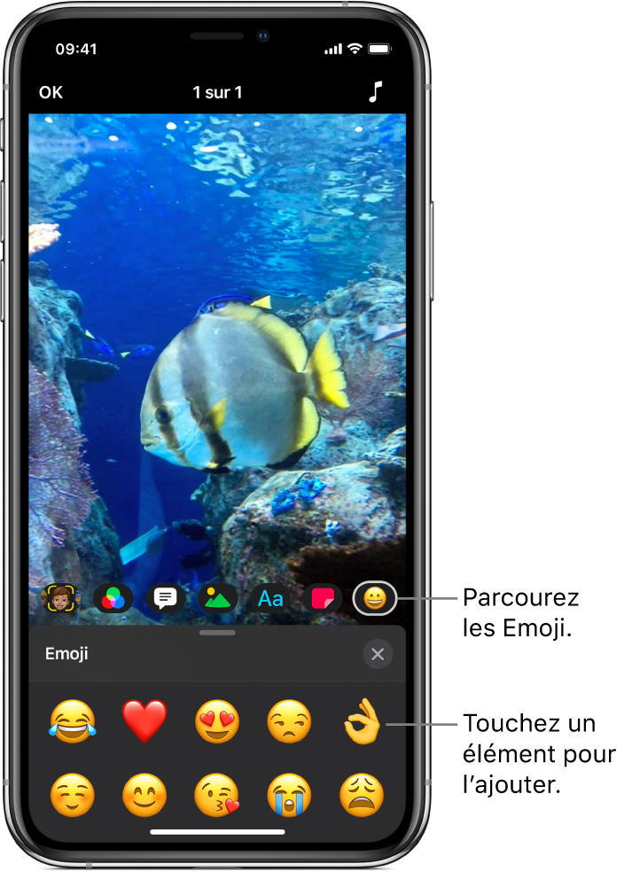 Une image vidéo dans le visualiseur, avec le bouton Emoji sélectionné et des Emoji affichés en bas.