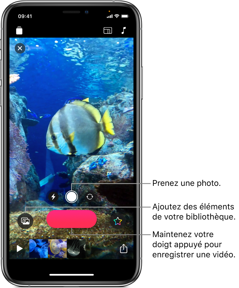 Une image vidéo dans le visualiseur, avec les commandes de la caméra, un bouton d’enregistrement et, en dessous, des vignettes des clips de la vidéo en cours.