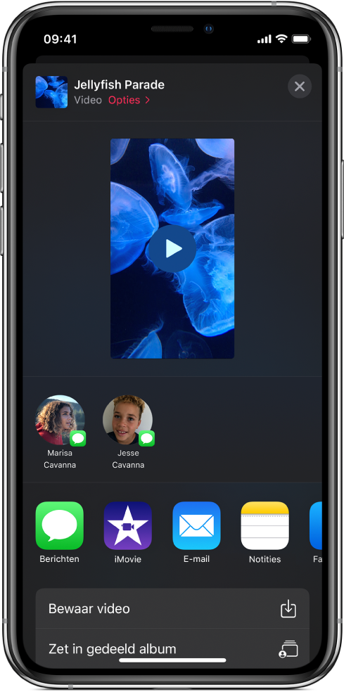 Opties voor het delen van een video, met suggesties voor personen met wie je de video kunt delen.