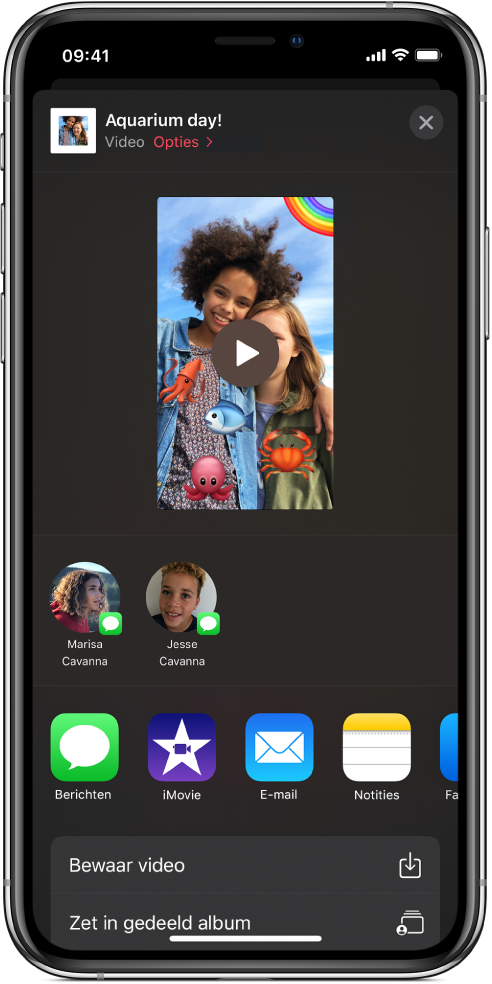 Opties voor delen, met suggesties voor personen met wie je een video kunt delen.