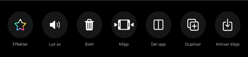 Knapper som vises nedenfor visningsvinduet når et klipp markeres. Fra venstre mot høyre vises knappene Effekter, Lyd av, Slett, Klipp, Del opp, Dupliser og Arkiver klipp.