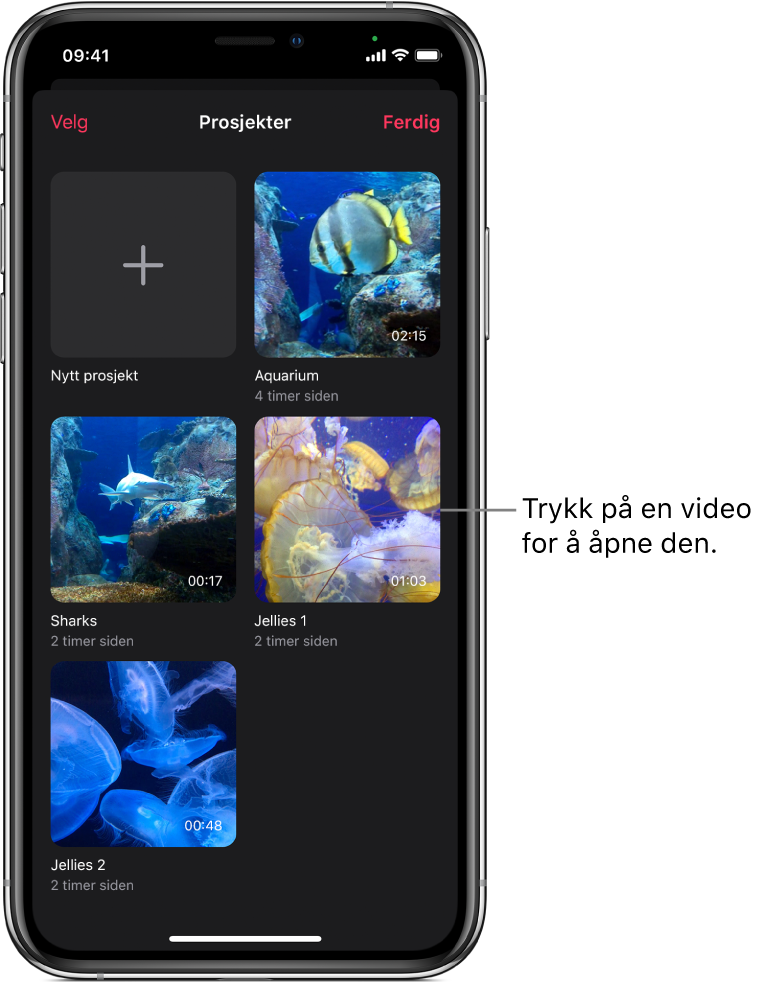 Prosjekter-skjermen som viser en Nytt prosjekt-knapp og miniatyrbilder for eksisterende videoer.