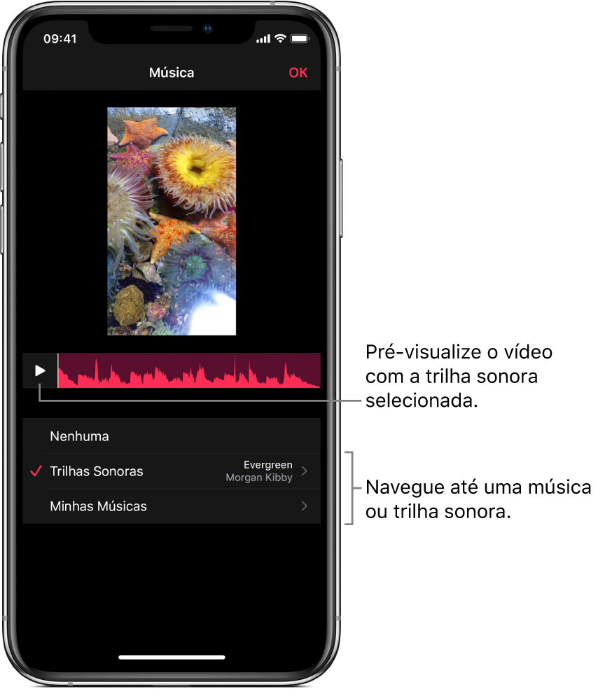 O botão Reproduzir e a forma de onda de um áudio abaixo de uma imagem no visualizador, com opções para explorar trilhas sonoras ou a sua biblioteca de músicas.
