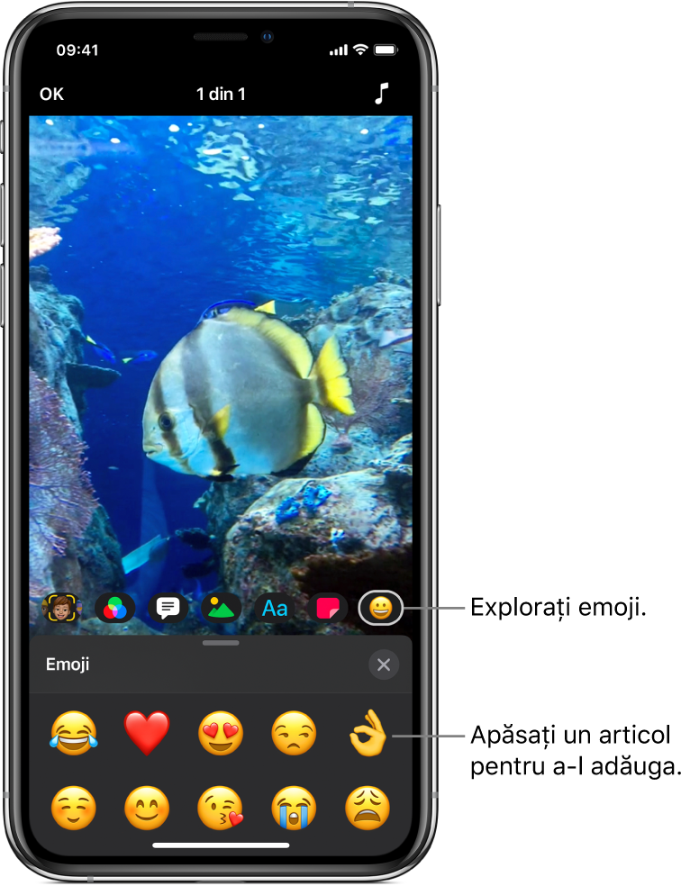 O imagine video în vizualizor, cu butonul Emoji selectat și emojiurile afișate dedesubt.