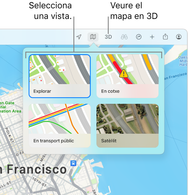 Un mapa de San Francisco que mostra les opcions de visualització del mapa: Explorar, “En cotxe”, “Transport públic” i Satèl·lit.