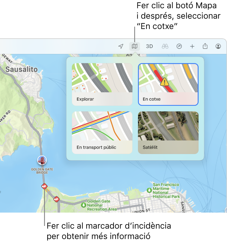 Un mapa de San Francisco que mostra opcions del mapa, la mapa “En cotxe” seleccionat i les incidències de trànsit al mapa.
