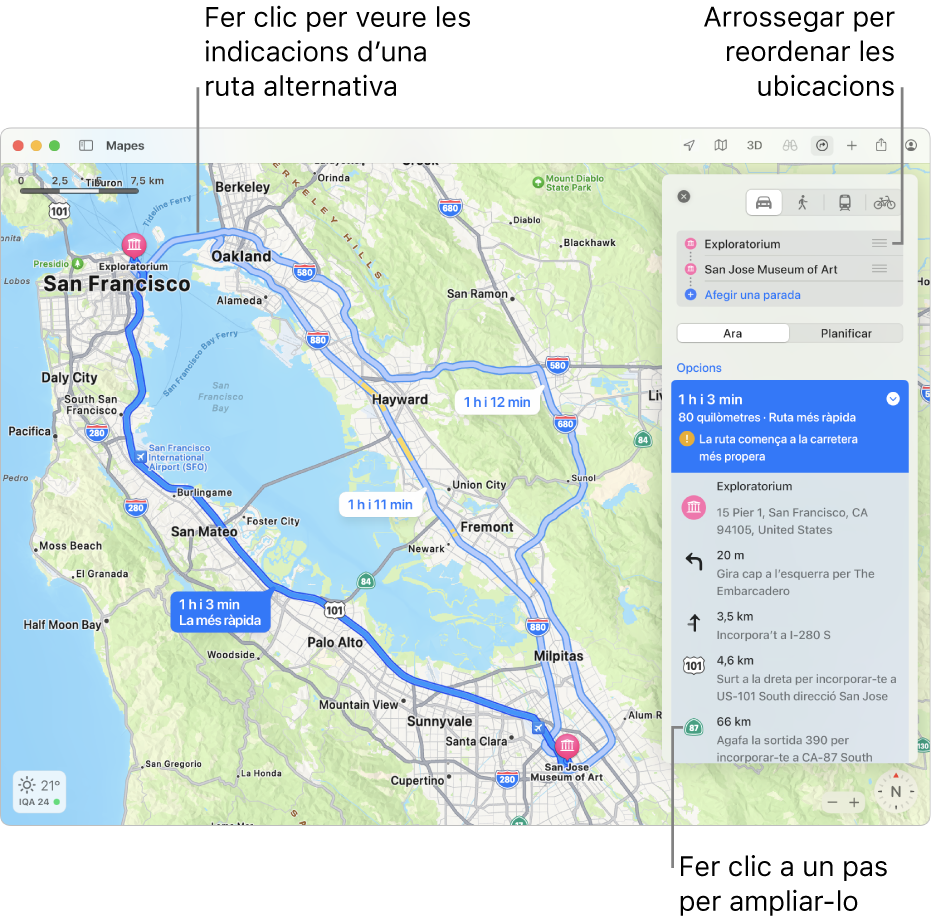Un mapa de l’àrea de San Francisco amb les indicacions del trajecte en cotxe entre dues ubicacions. Al mapa també es mostren rutes alternatives.